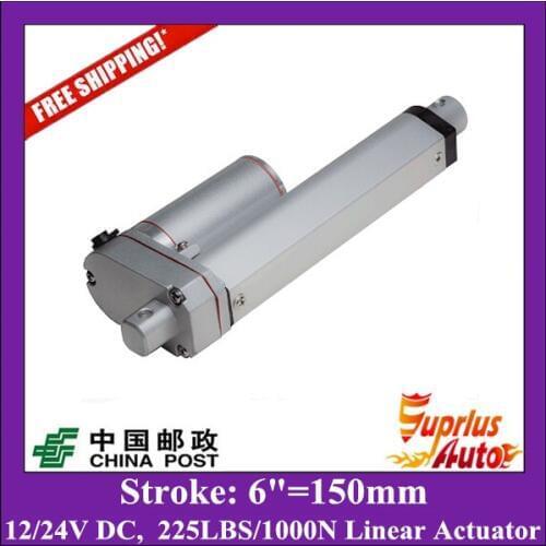 Free Shipping 6"=150mm stroke electric linear actuator, 1000N/225LBS push load 24v or 12v linear actuator