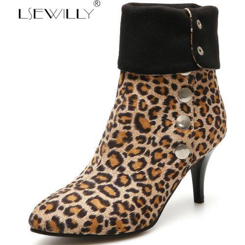 Lsewilly 2018 New Flock Leather Women Ankle Boots women boots female Sexy High Heels Leopard Women Shoes woman Winter Boots E24