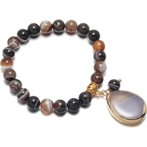 Natural Round Gem Stone Agates Onyx Bracelets Bangle 8mm Brown Stripes Beads Pendant Bracelet Jewelry for Women Men