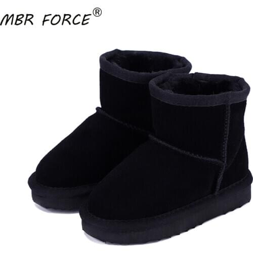 MBR FORCE Children Snow Boots 100% Genuine Cowhide Leather Ankle Boots Warm Waterproof Winter fashion Boots Boys Girls Shoes