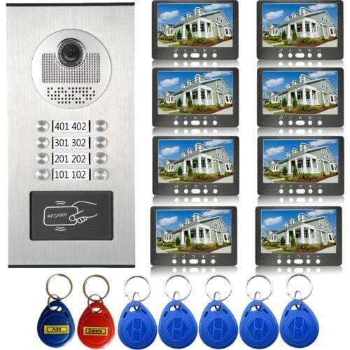 8 Units Building Doorphone 7" Video Door Bell Apartments RFID Video Intercom 8 Buttons Wired Camera Night Vision+Monitors
