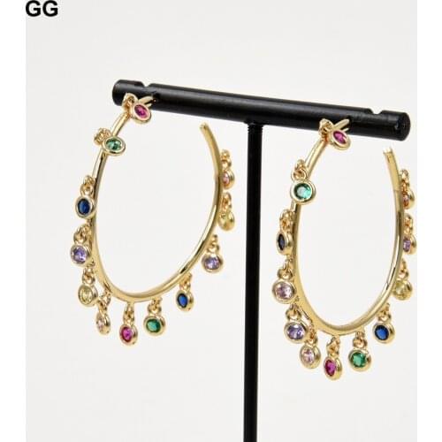 GuaiGuai Jewelry Rainbow CZ Charm Earrings Jewelry Gold Color Circle Hoop Chandelier Earrings