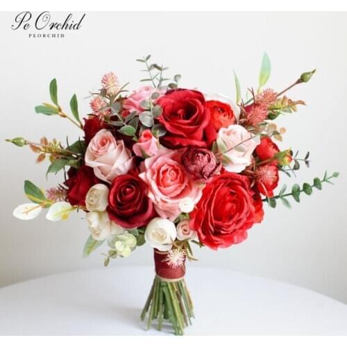 PEORCHID Red&Pink Silk rRose Peonies Artificial Bridal Bouquet Church Decorations Fake flowers Automn Wedding Bouquet
