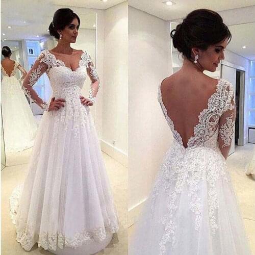 Refinement Lace Applique Wedding Dresses Deep V-Neck Long Sleeve Court Train A-Line Sexy Backless Bridal Dress New Models
