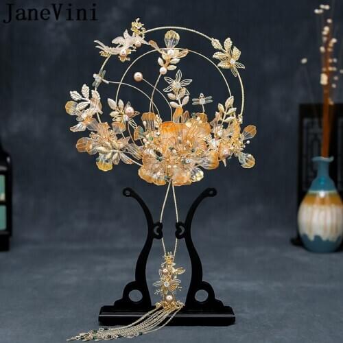 JaneVini Chinese Bridal Bouquet Fan Gold Metal Floral Luxurious Beaded Pearls Classic Bride Wedding Flower Hollow Fan Bouquets