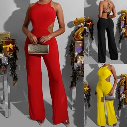Newest Backless Halter Sexy Rompers Summer Hollow Out Lace-up Fashion Outfits Jumpsuit Wide Leg Pants Ladies Streetwear Clubwear