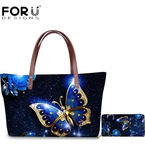 FORUDESIGNS 3D Beauty Butterfly Animal Handbags Set Women Casual Shoulder Bags Large Capacity Messenger Bag for Lady 2pcs Travel
