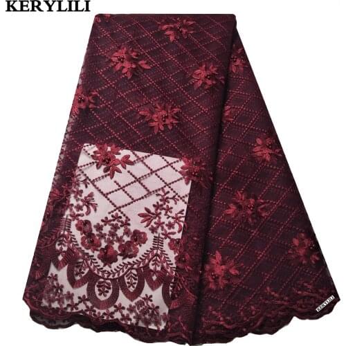 Wine Red African Lace Fabric Beads Tulle French Lace Rhinestone Wedding Party Dress 5 Yards Sewing Material KRL-28716
