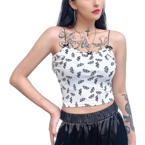 Womens Butterfly Printed Tanks Female Sleeveless Bownot Decor Printing Vests Girls' Casual Summer Backless Short Camis