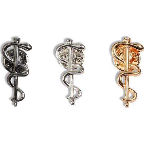 Magic Snake Stick Brooch Black/Gold/Silver Color World Health Organization Pin Metal Badge for Doctor Nurse Lapel Friend Jewelry