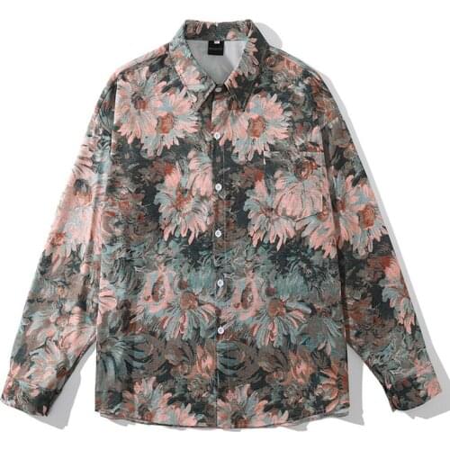 Mens Harajuku Hand Painted Daisies Hawaii Shirts Long Sleeve Oversized Chic Blouse Summer Button Shirts Streetwear