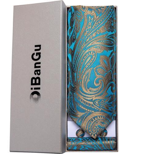 Mens Vintage 100% Silk Ascot Tie Handkerchief Cufflinks Set Teal Blue Formal Wedding Party Cravat Necktie Mens Gift DiBanGu
