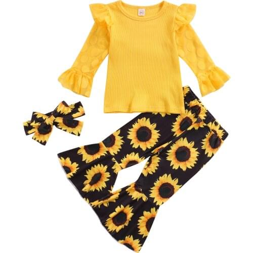 New 3Pcs Toddler Autumn Outfits, Lace Splicing Long Sleeves T-Shirt + Sunflower Flares + Headband for Little Girls, 1-5 Years