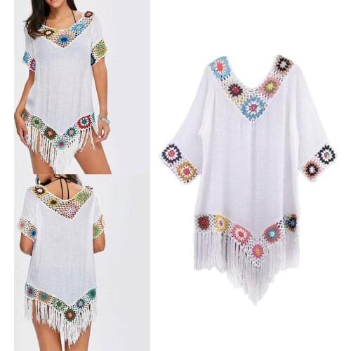 2021 Summer New Women’s Crochet Chiffon Tassel Tunic Beachwear Swimsuits Cover Bikini Dress Robe Swim Beach Dresses Up