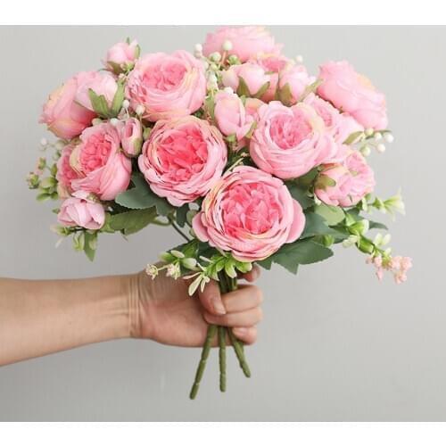 Pink Silk Artificial Flowers Peony Rose Wedding Home DIY Decor High Quality Big Bouquet Foam Accessories Craft White Fake Flower