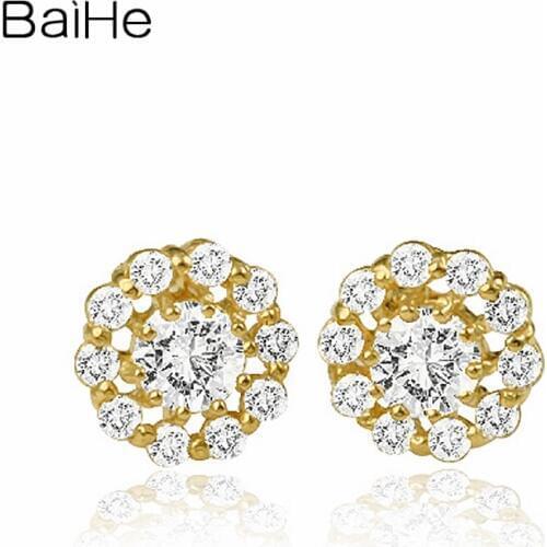 BAIHE Solid 18K Yellow Gold 0.10CT H/SI Round Natural Diamonds Engagement Gift Trendy Round Diamond Stud Earrings For Women