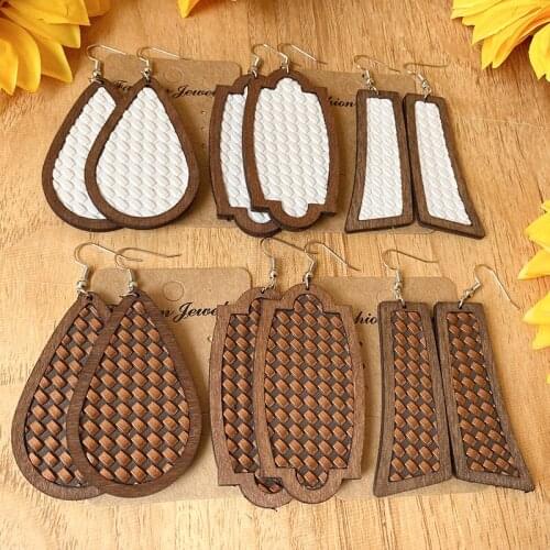 Handmade Weave Leopard Leather Wooden Geometric Irregular Wood Drop Earrings Trendy Texture Party Jewelry for Women Gift