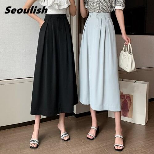 Seoulish Spring Summer Elegant Umbrella Womens Skirts 2021 New Solid High Waist Button Female Office Chic Long Skirts Pockets
