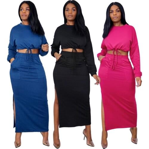 Women Casual 2 Pieces Skirt Set Long Sleeve Drawstring Crop Top and Slit Maxi Long Skirt with Pockets Spring Ladies Clothes 2021