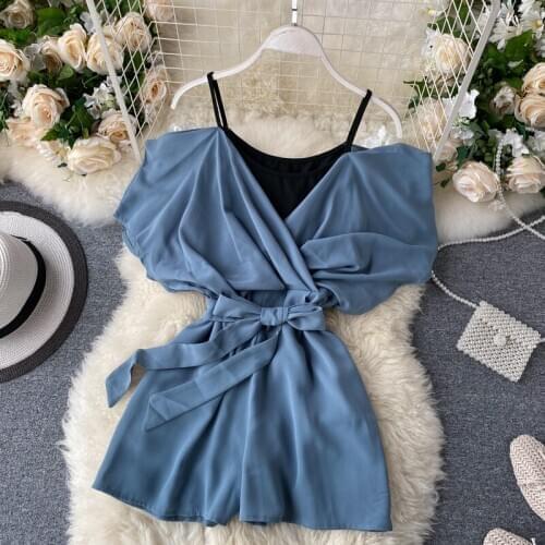 Fashion Faux Twinset Spaghetti Strap Off-the-Shoulder Chiffon Wide Leg Jumpsuit Casual Chic Women Rompers