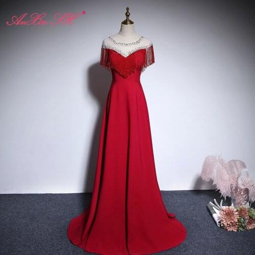 AnXin SH princess wine red satin evening Dress vintage o neck beading crystal illusion performance bride a line evening dress