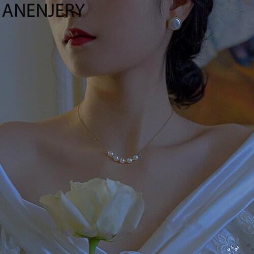 ANENJERY 925 Sterling Silver Pearl Pendant Necklace For Women Simple Clavicle Chain Retro Ornaments Girl Gift