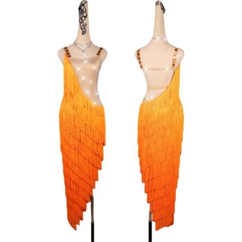 New Latin Dance Dress Women Competition Costumes Ladies Adult Professional Fringed Dress Oblique Shoulder Orange Long Skirt