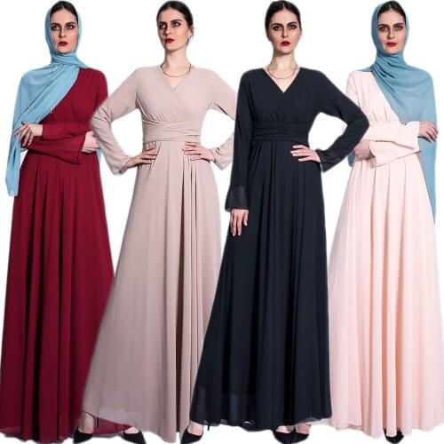 Dubai Women Party Evening Long Dress Elegant Muslim Solid Color V-neck Slim Long Sleeve Abaya Arabic Loose Islamic Maxi Robe New
