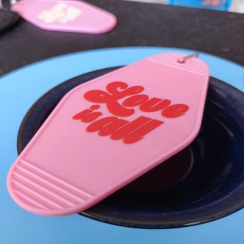 1MOQ LOVE IS ALL Blue Imprint Red LOVE Key tag Motel Charm ABS Plastic Hotel Keychain