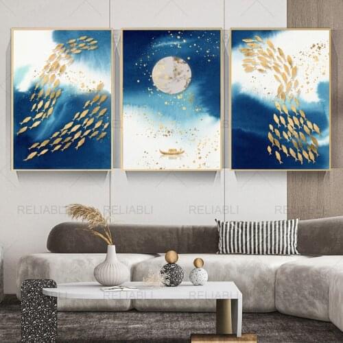 Abstract Gold Blue Fish Canvas Painting Landscape Posters and Prints Aisle Art Wall Picture Cuadros for Living Room Home Decor