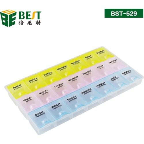 BEST-529 Factory Direct Sales Transparent Electronic Component PP Plastic Storage Box Pill Box 21 Days Travel Pill Organizer
