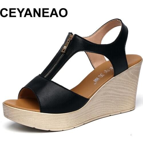 CEYANEAO New Peep Toe High Heel Wedge Sandals Summer Platform Gladiator Platform Sandalias Brief Zipper Slingback Shoes 34-43