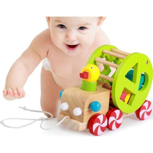 Wooden Duck Car Toddler Walking Pull Along Toy Pull and Push Animal Vehicle Geometric Shapes Sorter Car Early Developmental
