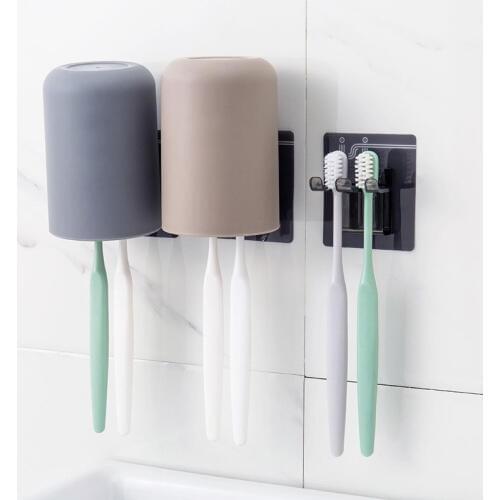 Bathroom Accessories Toothbrush Holder With Cup Simple Color Bathroom Organizer Wall Sticker Hanging Brush Holder