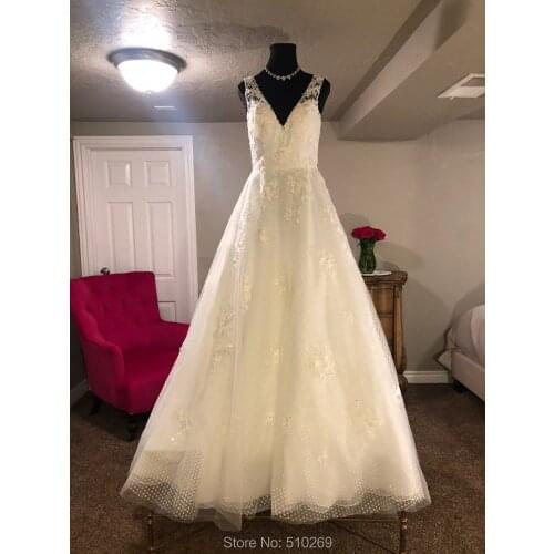 Vintage A Line Wedding Dress V Neck Square Back Dot Tulle Organza Lace Appliques Custom Made Vestido De Noiva Robe De Mariee