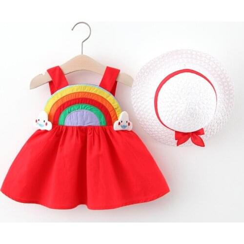 Summer Baby Girls Dresses 2pcs Clothes Sets Kids Clothes Baby Sleeveless Birthday Party Princess Dress Print Floral +Send hat