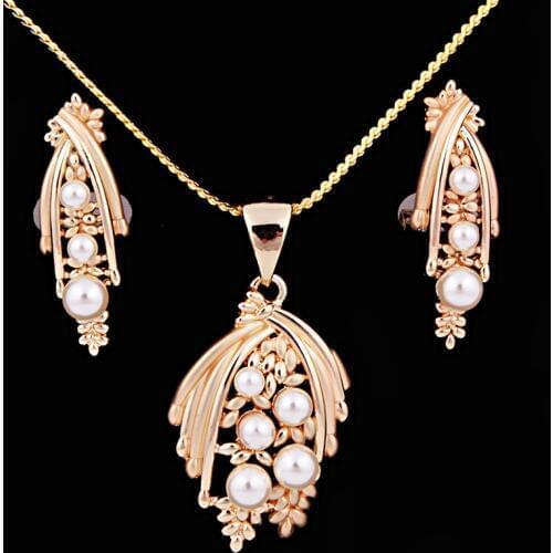 Matte Gold Color Elegant Fascinating Simulated Pearl Water Drop Necklace Earring Set for Women 2-Piece Jewelry Set