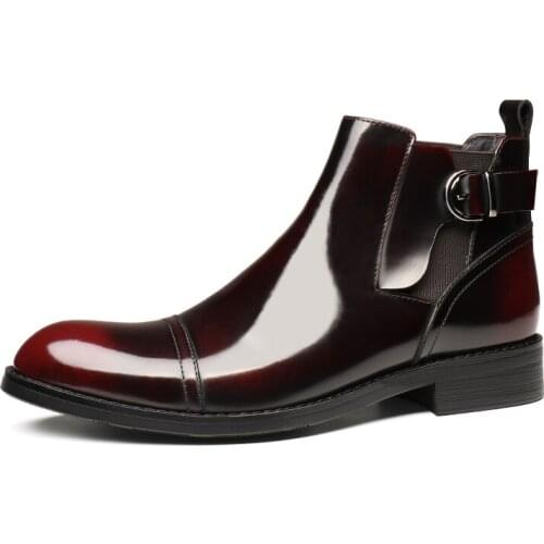 Fashion Black / Wine Red Mens Casual Shoes Patent Leather Chelsea Boots Male Ankle Boots With Buckle