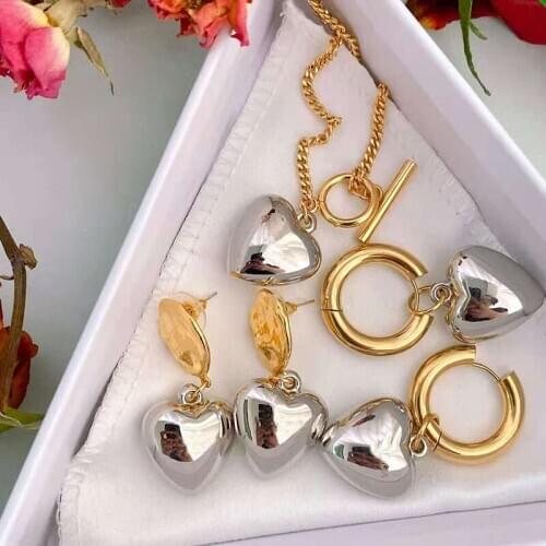 Fashion Jewelry For Women Heart Neckalce Gold Color Necklace Cute Heart Pendants Party Necklace Earring Set For Women