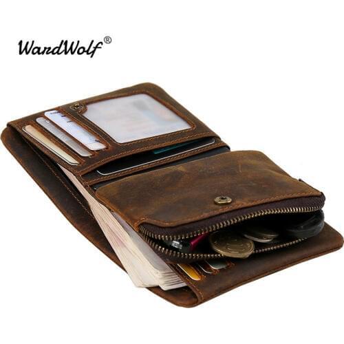 WardWolf Detachable Purse Wallet for Men Zipper Coin Bag Money Holder Vintage Genuine Leather Short Wallet Male ID Card Holder