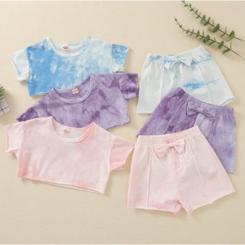 Toddler Baby Girls Cropped Short Sleeves + Shorts Tie-dye Print 2pcs Summer Casual Outfits Infant Elastic High Waist Clothing