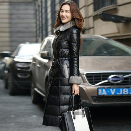 Elegant Winter Real Leather Down Coat Female Streetwear Slim Fit Fur Collar Warm Overcoat Luxury Fashion Red Black Long Outwear