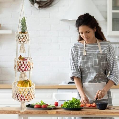 3 Tier Hanging Fruit Basket Bohemia Handmade Cotton Rope Woven Bohemia Handmade Basket