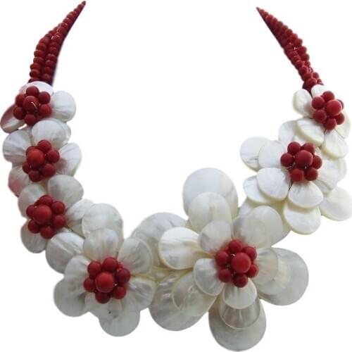 Y·YING natural White Shell Flower Red Coral Crystal Statement Necklace 18"