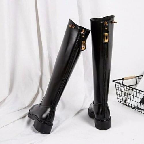 WHNB Shark Lock Women Wedge Boots Black Long Boots Luxury Shoes Women Designers Boots Genuine Leather Female Botas