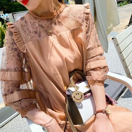 Womens dress medium sleeve temperament lady French A-line skirt summer new mesh stitching skirt