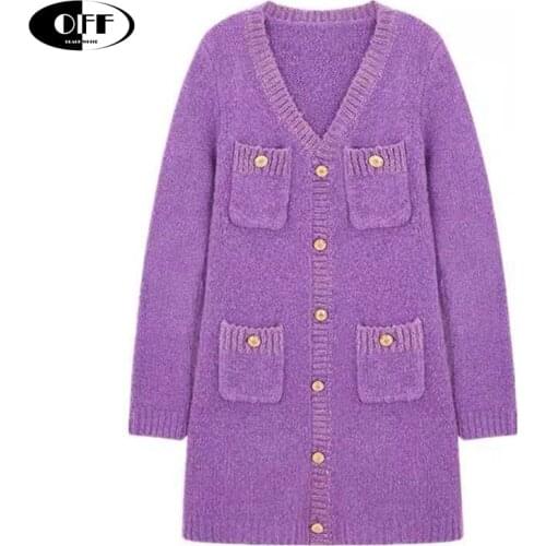 Autumn Spring Knitted Mini Dresses For Women Elegant Single-Breasted Full Sleeve Pocket Knitting V-Neck Dress Casual Clothes ZA