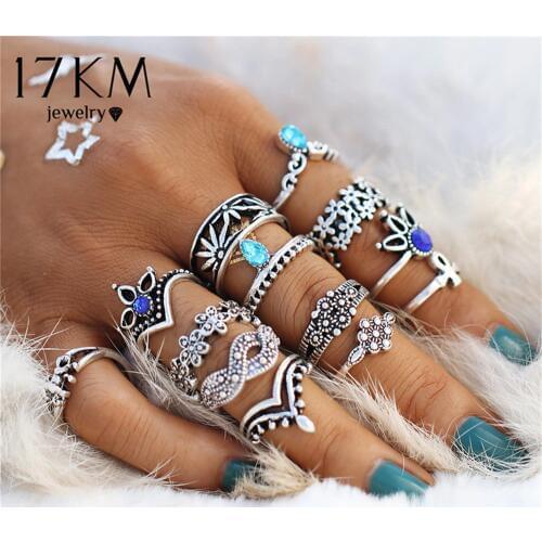 17KM Retro Flower Infinite Knuckle Rings For Women Vintage Geometric Pattern Crystal Rings Set Party Bohemian Jewelry 13 PCS/Set