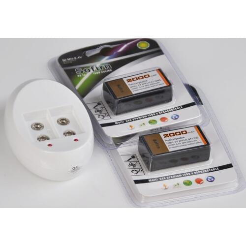 2PCS Rechargeable 9V battery 2000mAh 9 Volts NI-MH 6F22 cell + charger for microphone Guitar EQ smoke alarm universal meter