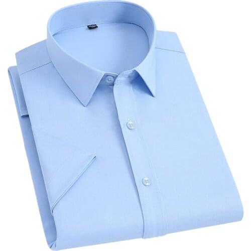 Aoliwen brand 2021 Anti-Wrinkle No-Ironing Elasticity Slim Fit Men Dress Casual Summer Short Sleeve Shirt Male Social Shirts